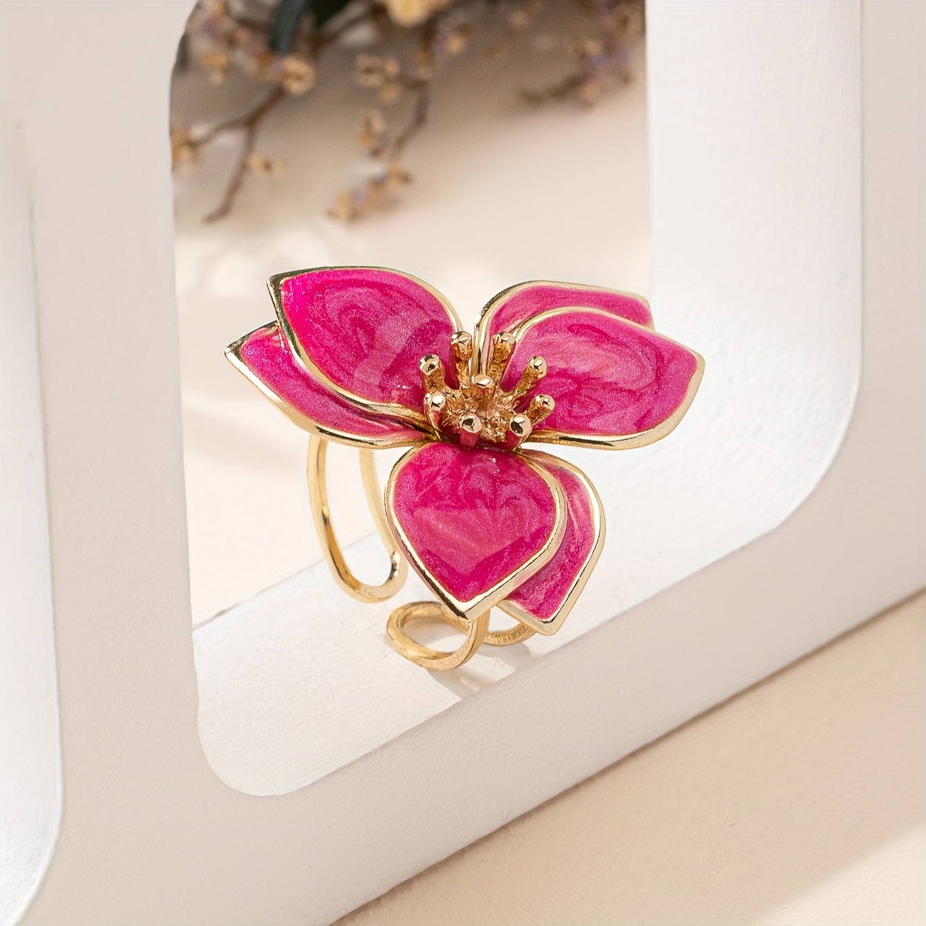 Enamel Flower Ring Green Marble Golden Tone Metal Open Ring